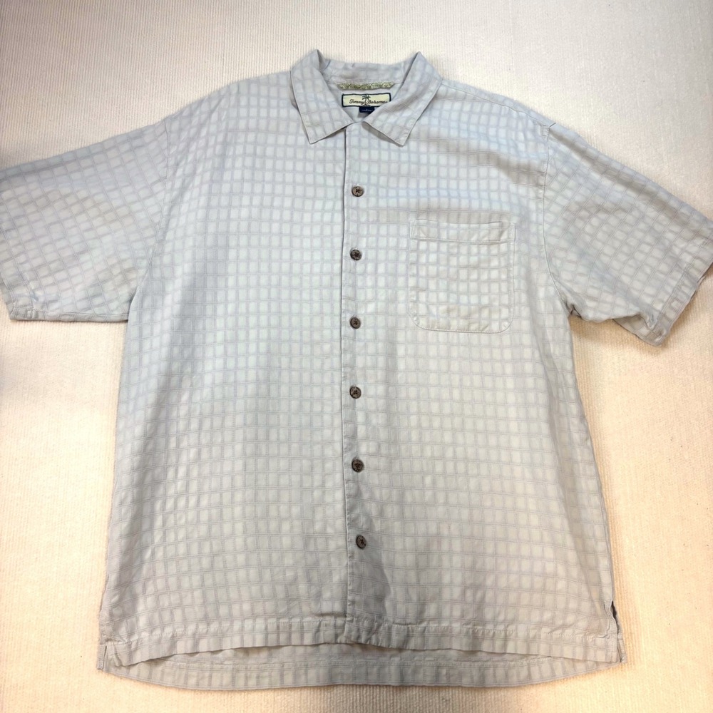 Tommy Bahama Relax Mens L 100% Silk Short Sleeve Windowpane Button Shirt Gray